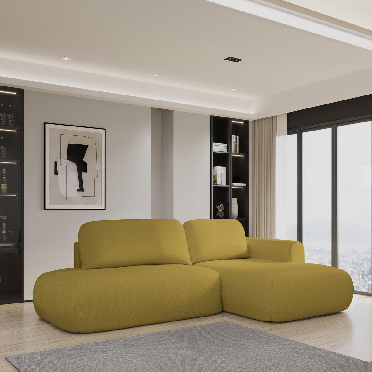 ECKSOFA NUVIRA R-S Gelb Geflochtener Stoff mit Schlaffunktion - Gelb, Holz (274/165cm) - MASSENO