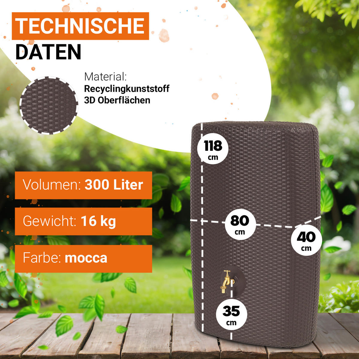 WANDTANK 300 L, mocca - Mokka, Kunststoff (40/118/80cm) - GARANTIA
