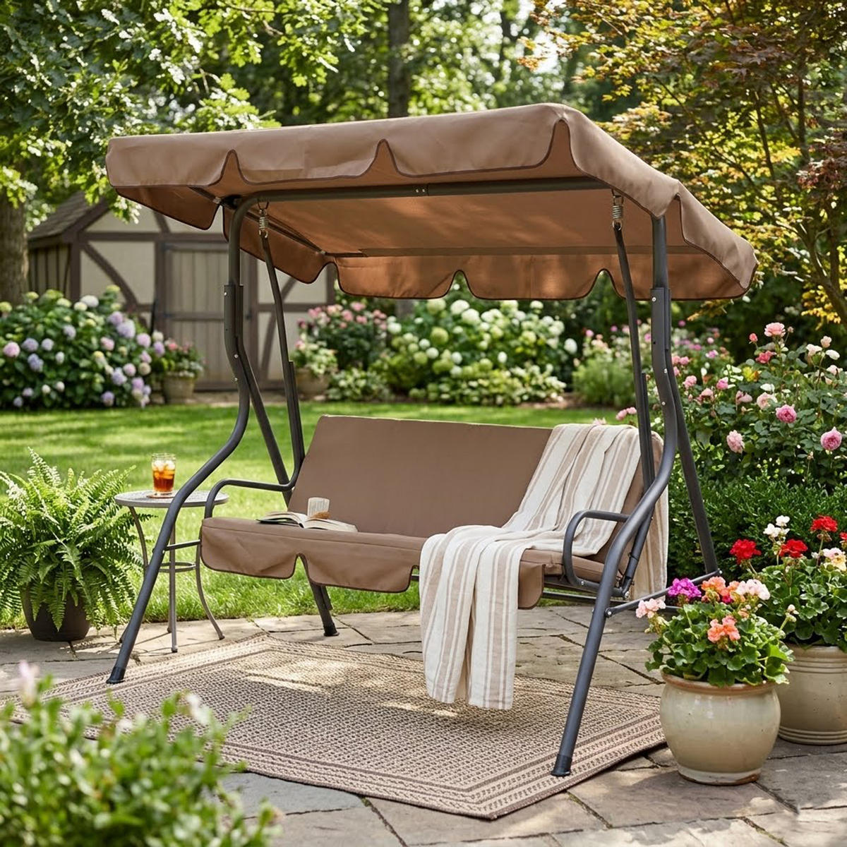 HOLLYWOODSCHAUKEL Florenz, 3-Sitzer, 170 cm, Farbe: creme / grau - Braun, Metall (170/153/110cm) - TPFGarden
