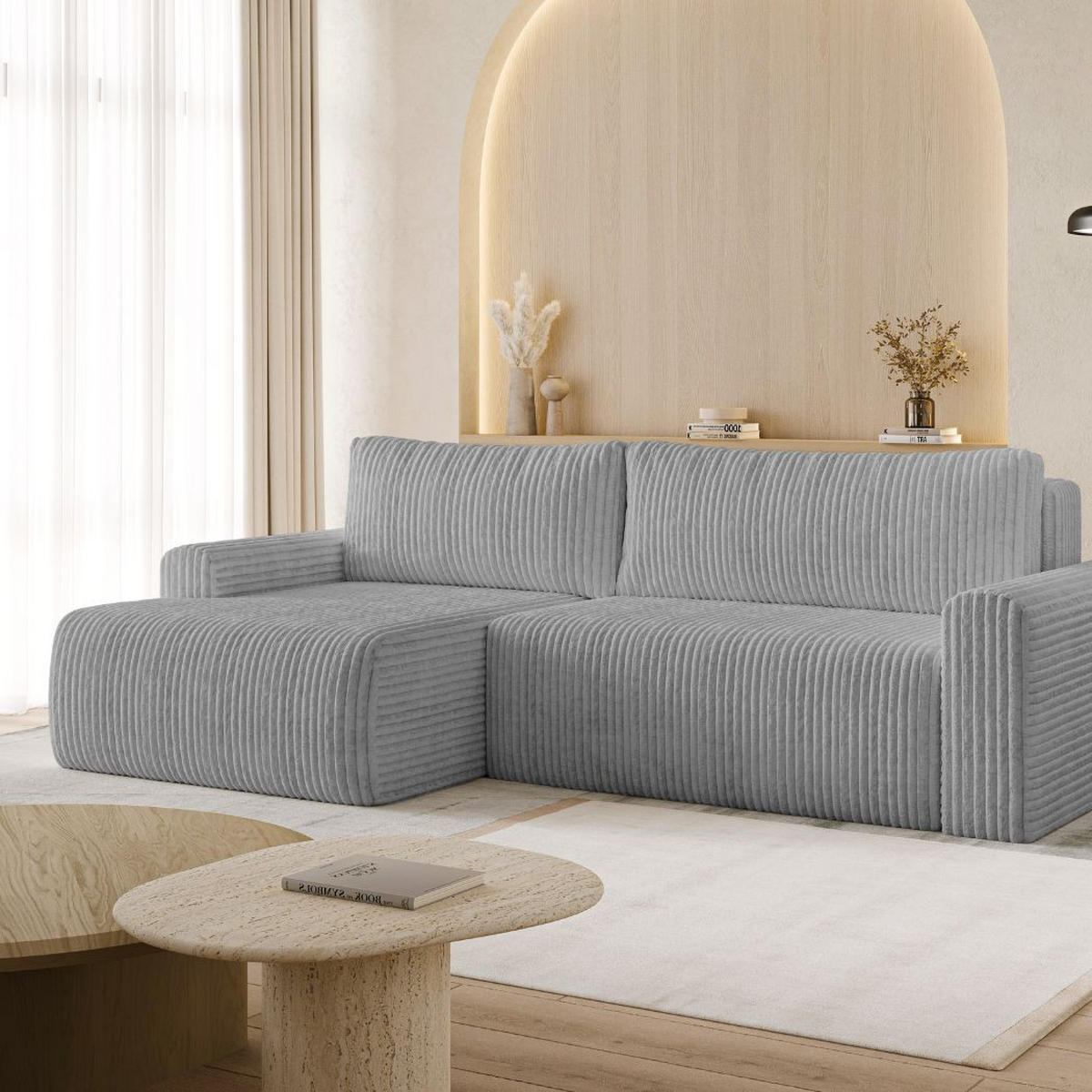 ECKSOFA MILO LARGE mit Schlaffunktion, Bettkasten und Cordbezug, Links - TILIA 90 (stahlgrau) - Dunkelgrau, Holz (270/142cm) - Dekori_Interiors