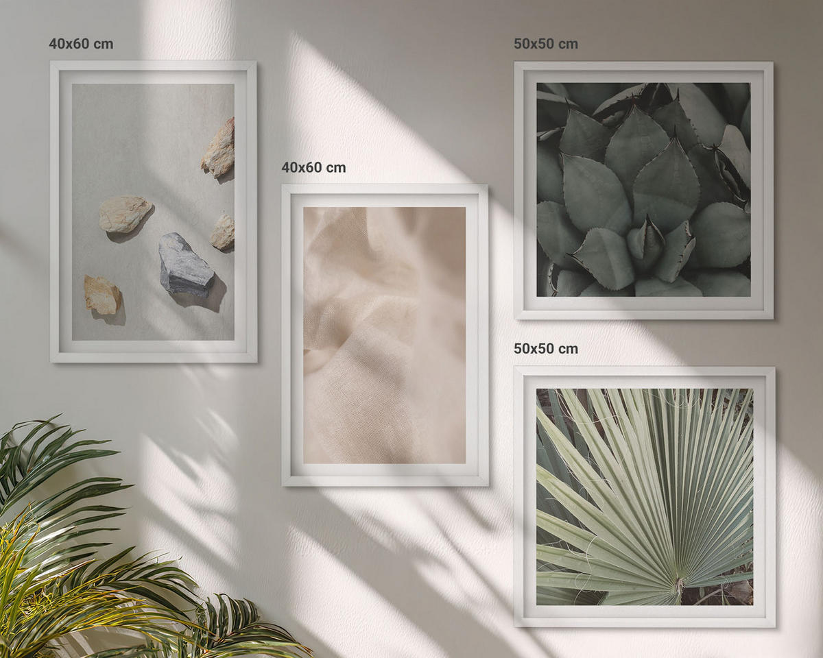 WANDBILDER 4er-Set - 50x50 cm & 40x60 cm Weißer Rahmen - Steine, Holz, Stofftexturen - Weiß, Kunststoff (50/50cm) - ArtPrintCave
