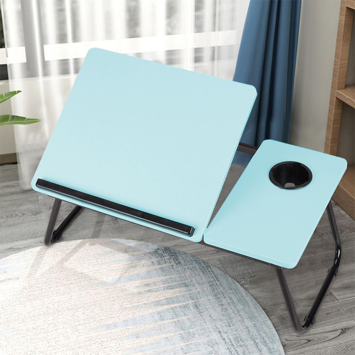 LAPTOP-BETTTISCH mit Getränkehalter Verstellbarer, klappbarer – Blau 5-fach Neigungsverstellung und Becherhalter 56x32,5x24 cm - Blau, Metall (32.5/56/24cm) - Livingandhome