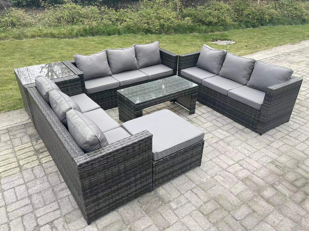 GARTENTISCHGRUPPE Polyrattan 10-Sitzer - Dunkelgrau/Grau, Glas/Kunststoff - Fimous