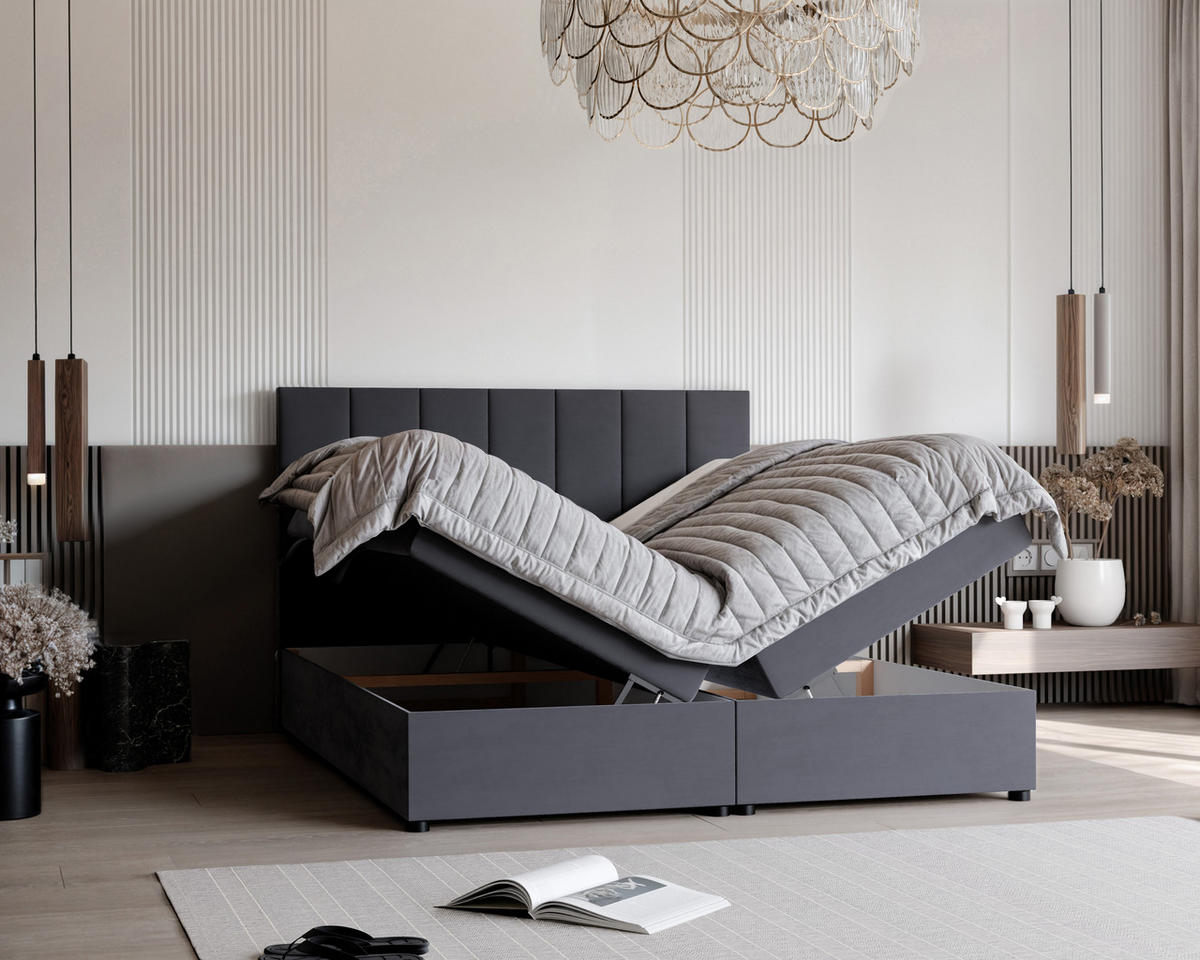 BOXBETT ZELTO 160/200 cm, mit Matratze und Topper, Dunkelgrau - Dunkelgrau, Holzwerkstoff/Textil (160/200cm) - Idohome