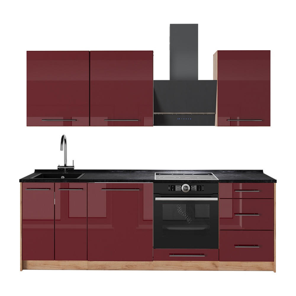 KÜCHENZEILE Fame-Line, Bordeaux Hochglanz/Goldkraft Eiche, 230 cm, AP Anthrazit - Honigeiche/Bordeaux, Holzwerkstoff (230/206.8/60cm) - Vicco