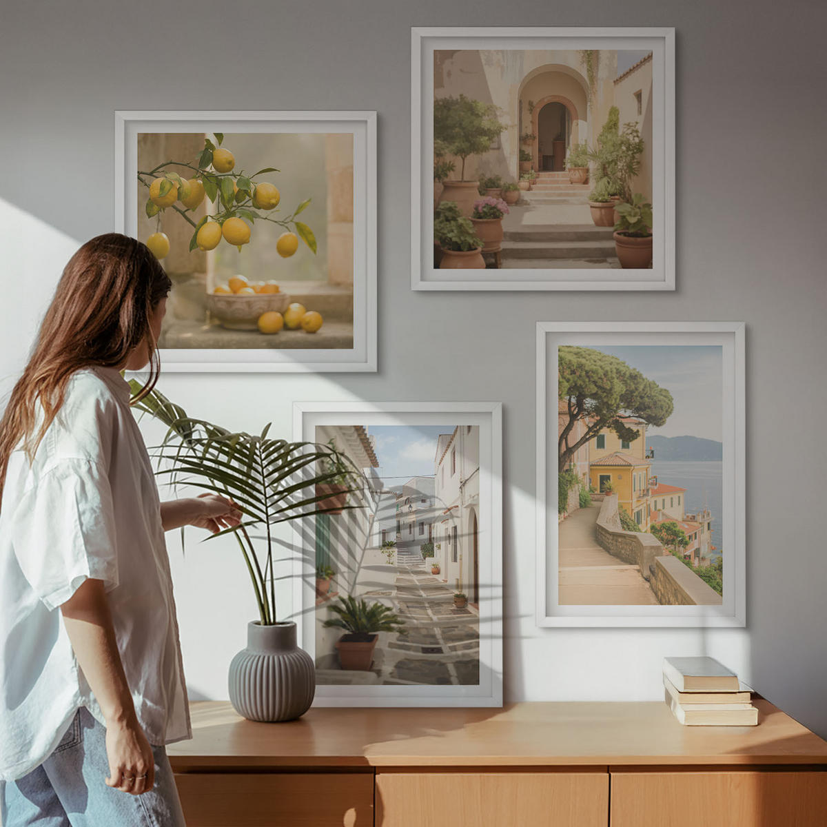 BILDER SET 4er Set - 50x50 cm & 40x60 cm Weißer Rahmen - Zitrusbaum im Fenster am Meer - Weiß, Kunststoff (50/50cm) - TULUP