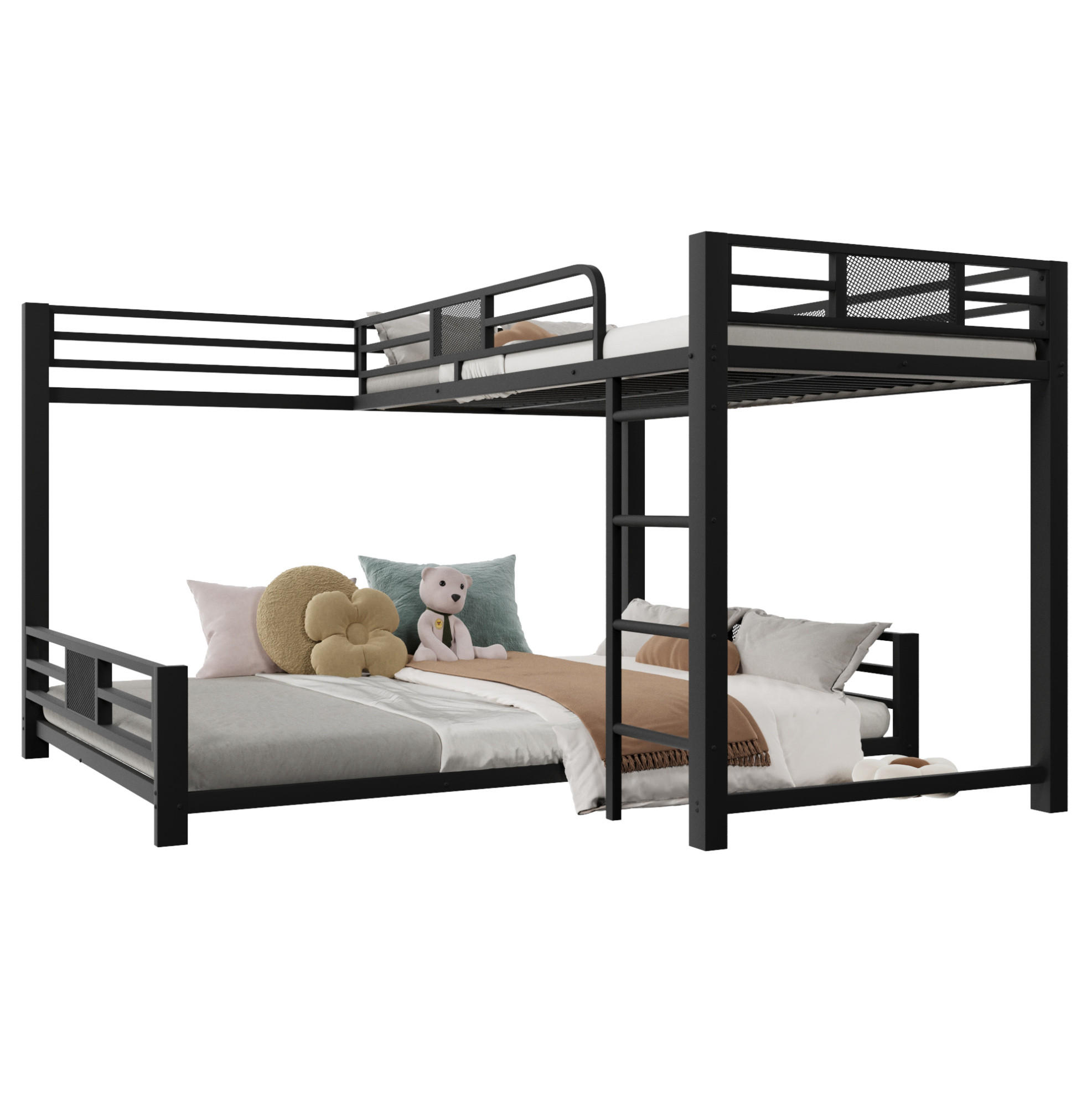 ETAGENBETT aus Metall 90x200/140x200 cm Schwarz in L-Form mit Schutzgittern und platzsparendem Design - Schwarz, Metall (140/200cm) - Modfu