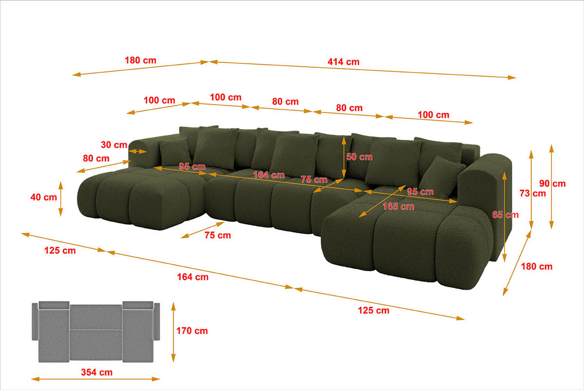 WOHNLANDSCHAFT Ottomane Links CLOUD-U-v1 414x180x40 Grün Bouclé - Grün, Holzwerkstoff/Kunststoff (414/90/180cm) - ALTDECOR