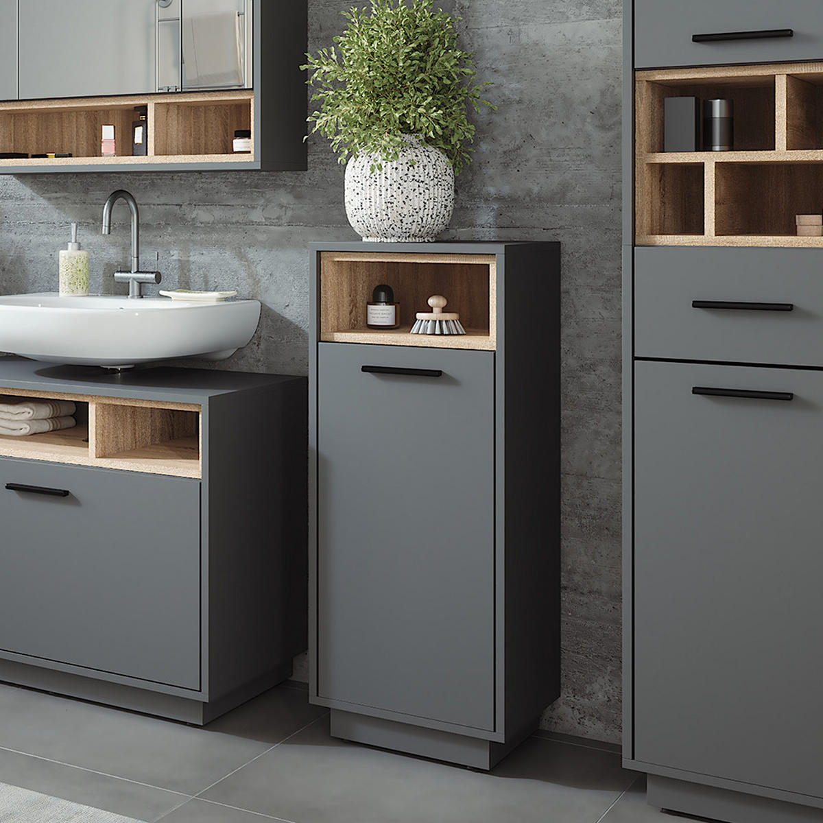 WÄSCHESCHRANK Beatrice Anthrazit/Sonoma 38 x 93 cm mit herausnehmbarer Innentasche - Anthrazit/Sonoma Eiche, Holzwerkstoff (38/93/30cm) - Vicco