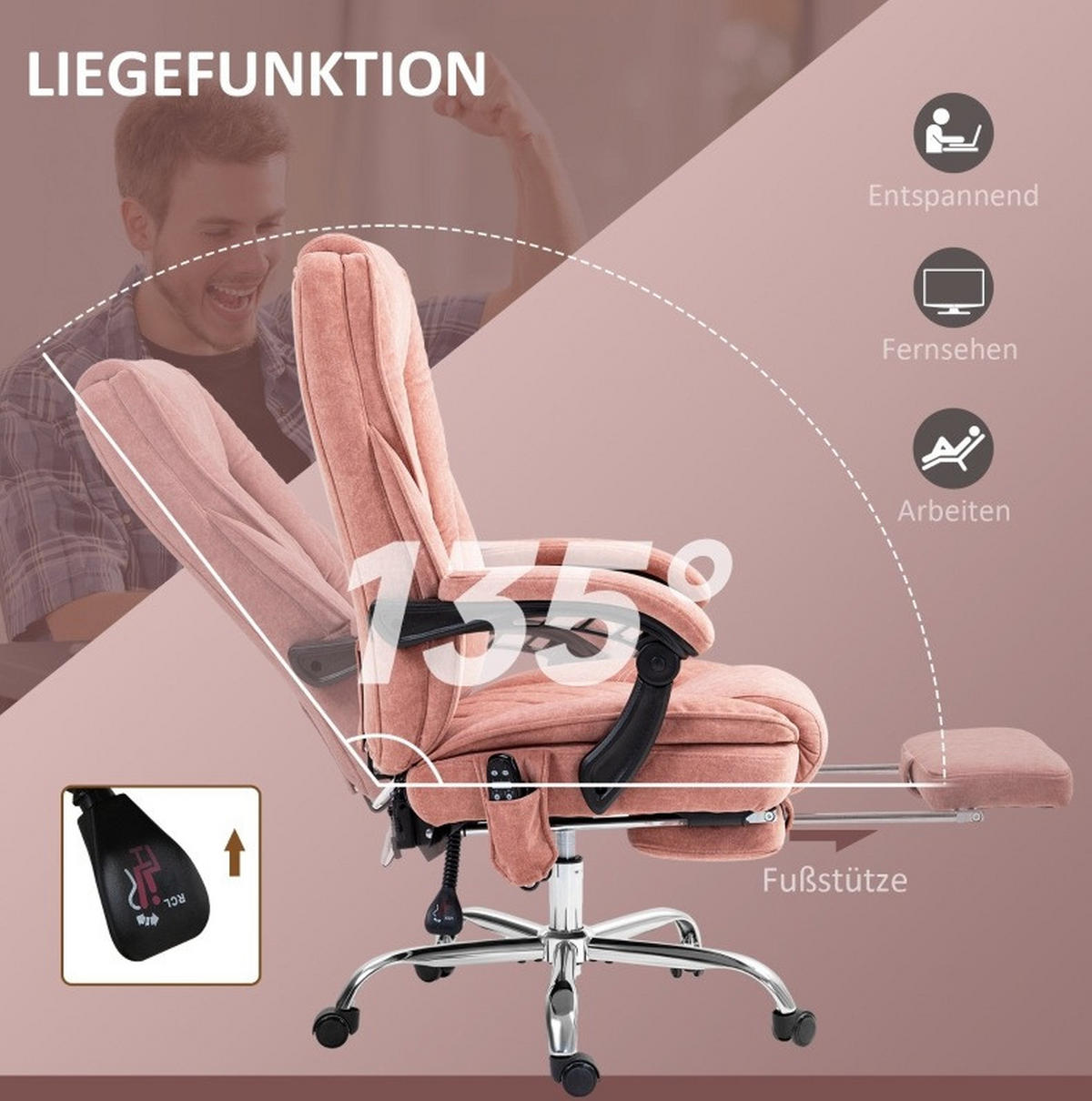 BÜROSTUHL mit Vibrationsmassage 67 x 72 x 111-119 cm Polyester Pink - Pink, Kunststoff (67/119/72cm) - Meubliv