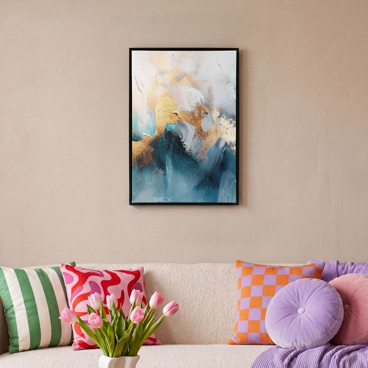 LEINWAND Bilder mit Rahmen - Abstrakt - Kunst - Gold - Blau - 40x60 - Petrol, Textil (40/60cm) - MuchoWow