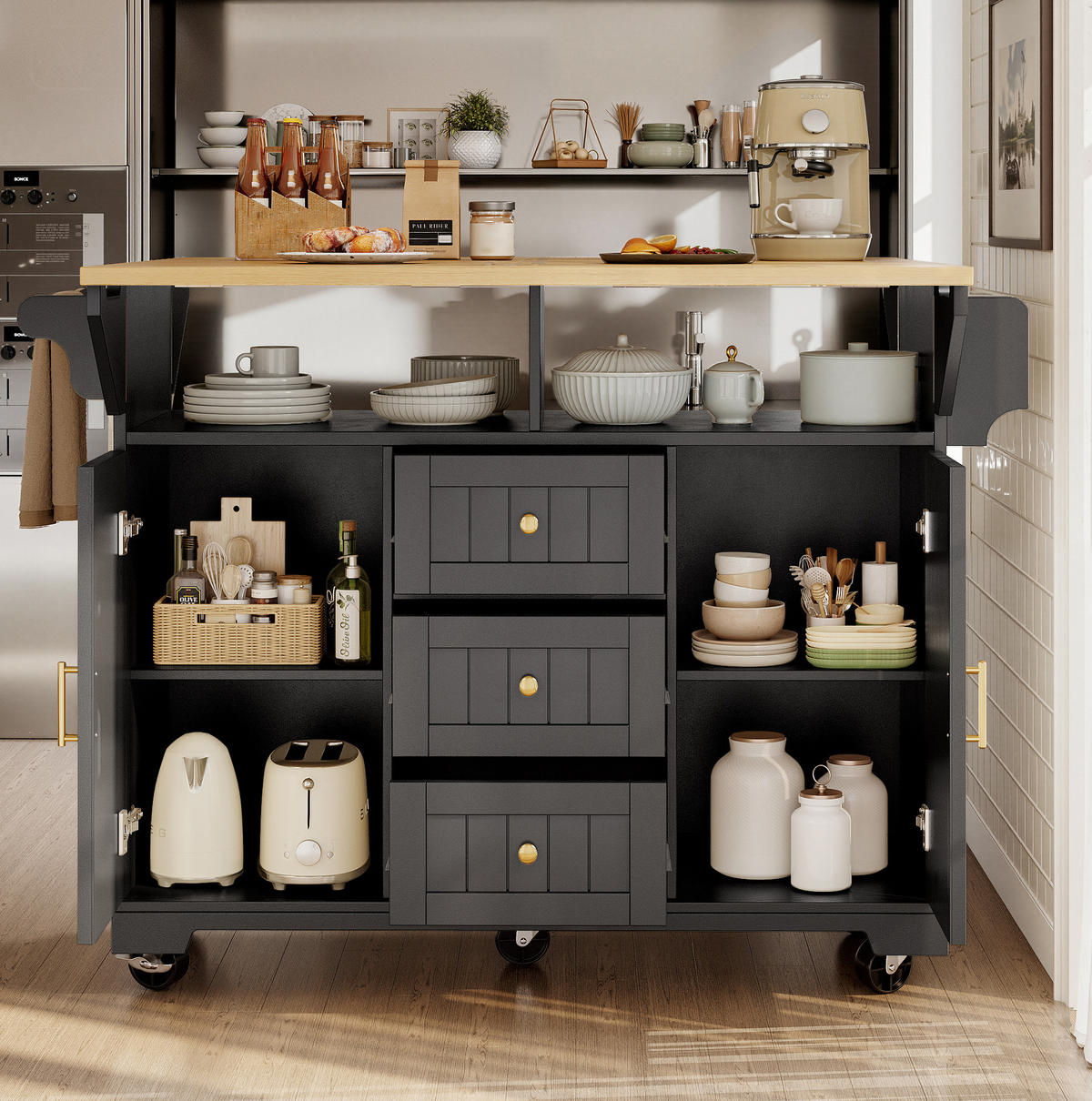 KÜCHENINSEL 120/40-80/95 cm aus MDF und Metall mit klappbarer Tischplatte Schwarz (Holzoptik) - Schwarz, Holzwerkstoff (120/95/40cm) - Modenvie