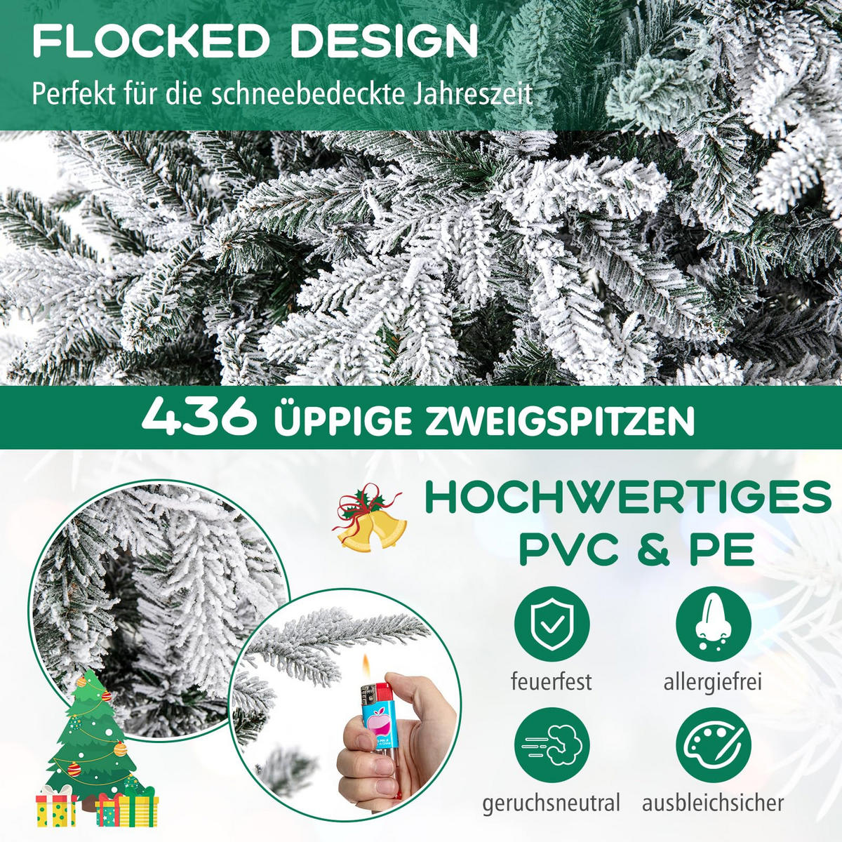 WEIHNACHTSBAUM mit 60 mehrfarbigen LED-Lichtern 146 cm grün - Grün, Metall (135cm) - COSTWAY