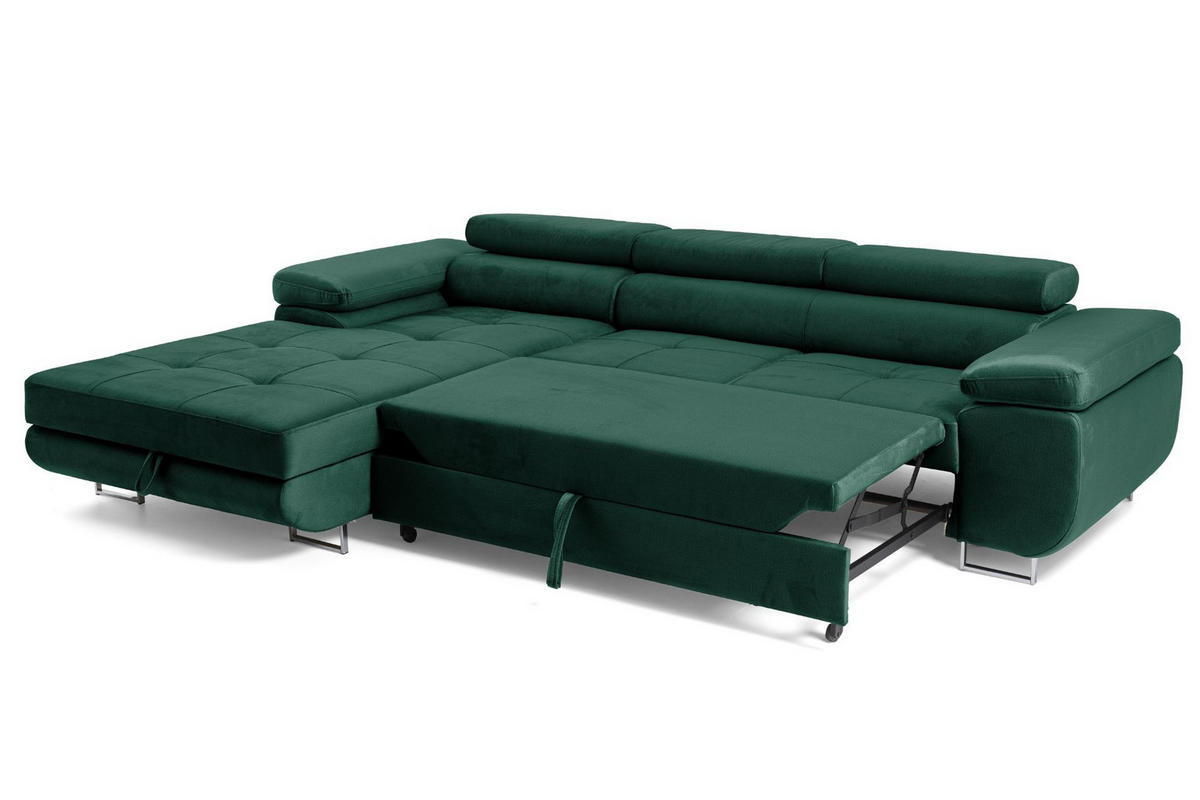 ECKSOFA ALONZO L Links mit Schlaffunktion 125x195 Velours Grün - Silberfarben/Grün, Holz/Textil (275/203cm) - Muffo