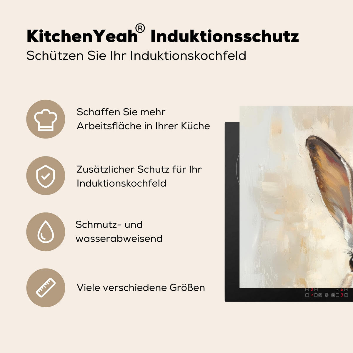 HERDABDECKPLATTE Hase - Ohren - Braun Ceranfeldabdeckung 76x51.5 cm - Beige, Kunststoff (76/51.5/0.2cm) - MuchoWow