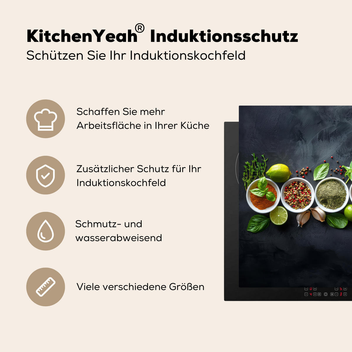 HERDABDECKPLATTE Kräuter - Gewürze - Konkrete Optik - Stilleben Herdabdeckung Induktionsfeld 65x52 cm - Multicolor, Kunststoff (65/52/0.2cm) - MuchoWow
