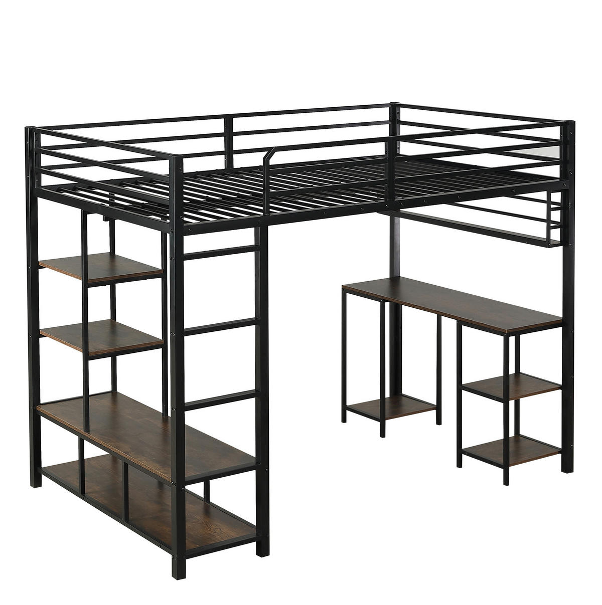 HOCHBETT aus Metall und Holzwerkstoff 120x200 cm Schwarz/Dunkler Walnuss mit Schreibtisch, Ablagefläche und 4-stufiger Leiter - Schwarz, Metall (120/200cm) - Modfu
