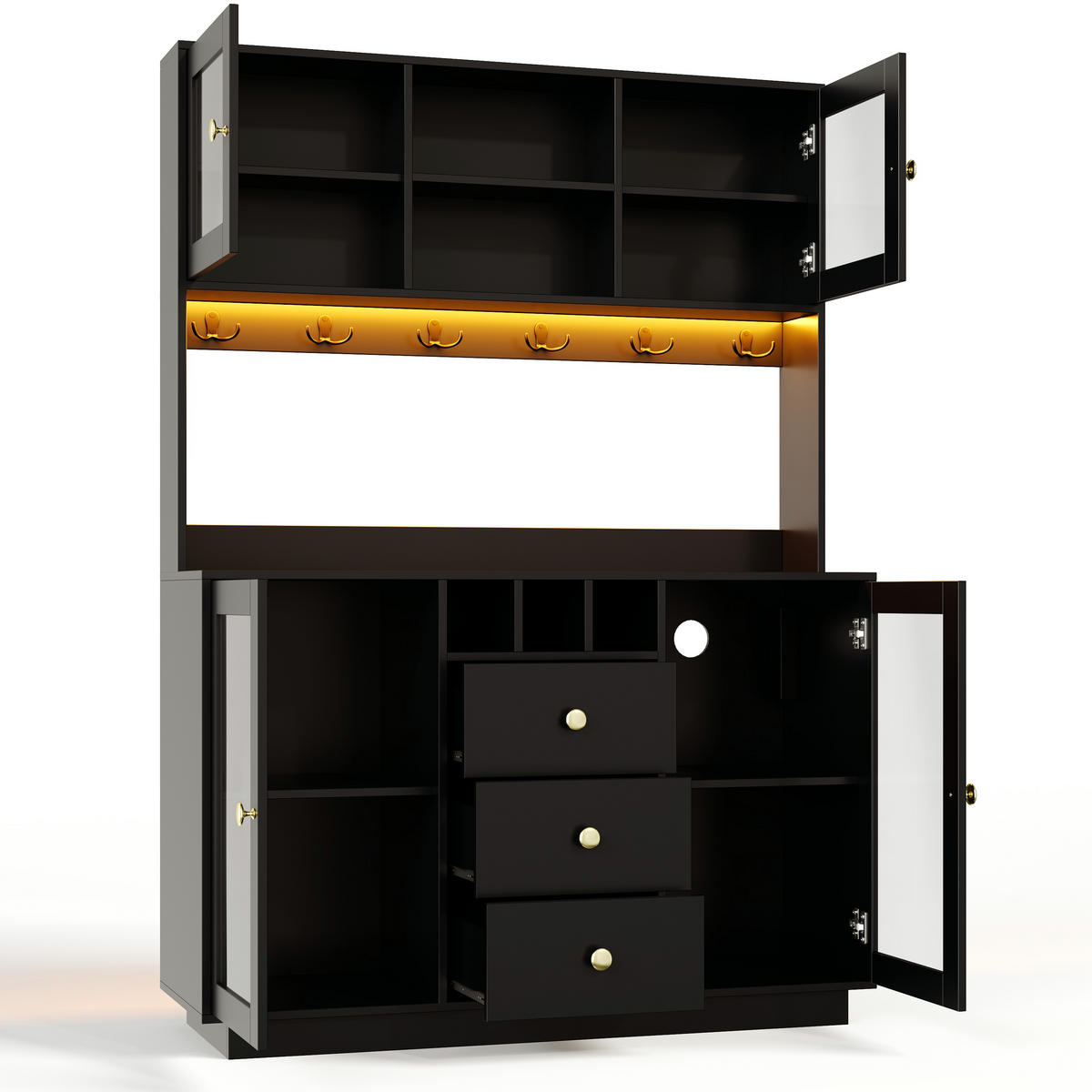 BUFFET DE-38726 120/40/170 cm LED-Beleuchtung und 3 Schubladen Schwarz/Gold - Schwarz, Holzwerkstoff (120/170/40cm) - ComfortXL