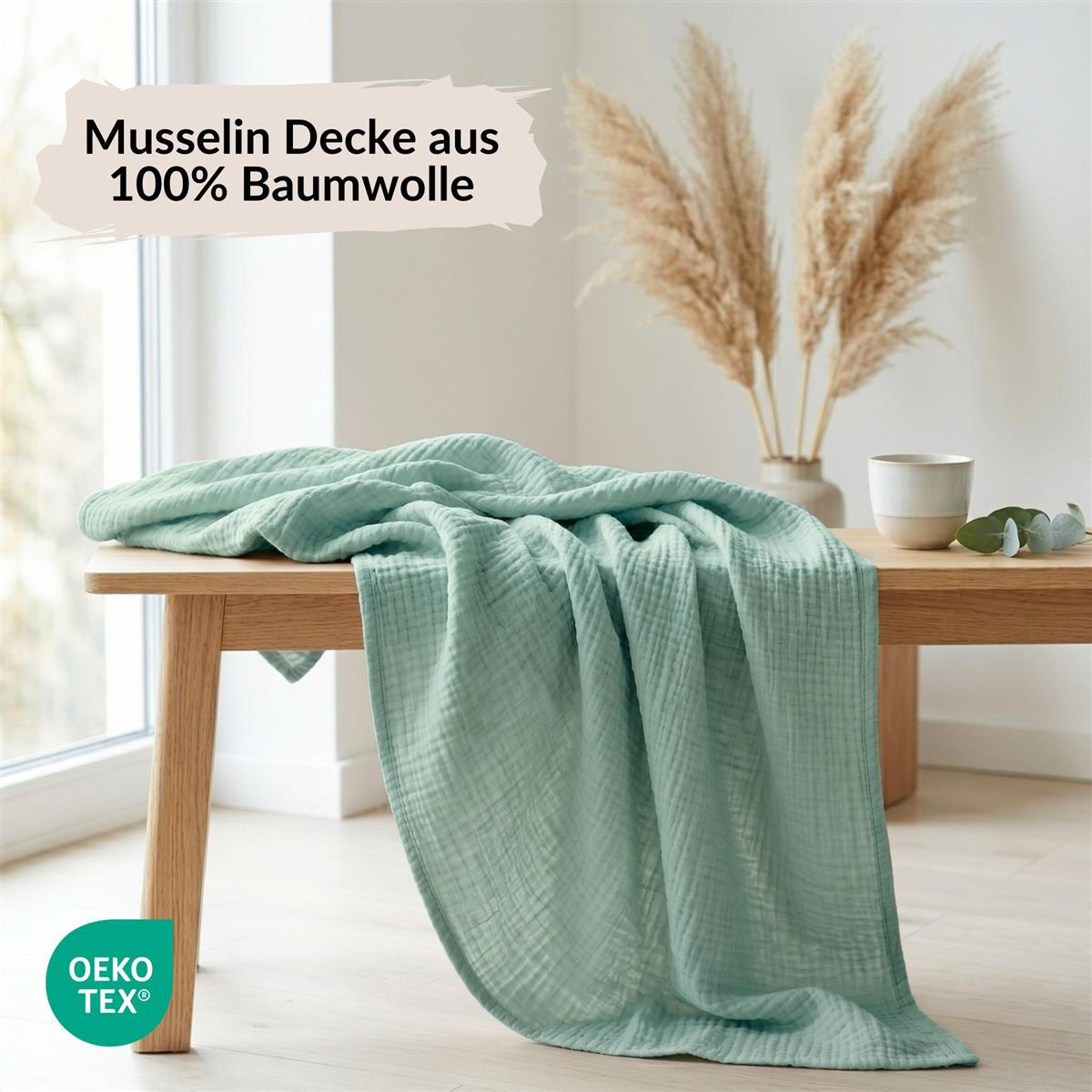 WOHNDECKE Musselin 150 x 200 cm, Leichte Kuscheldecke aus 100% Baumwolle - Als Tagesdecke, Plaid oder Decke für Sofa, Couch & Bett - Salbei Grün - Grün, Textil (150/200cm) - Carpe Sonno