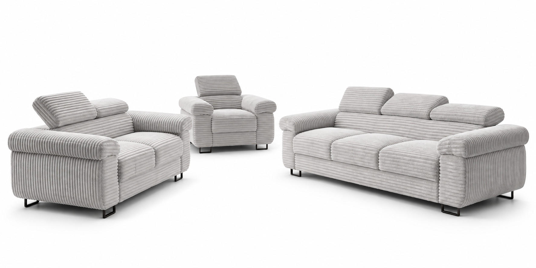 GUSTAW Sitzgarnitur 3+2+1, Schlafsofa 3-Sitzer, Cordbezug Grau - Grau, Textil (225/92/101cm) - KS Home Concept
