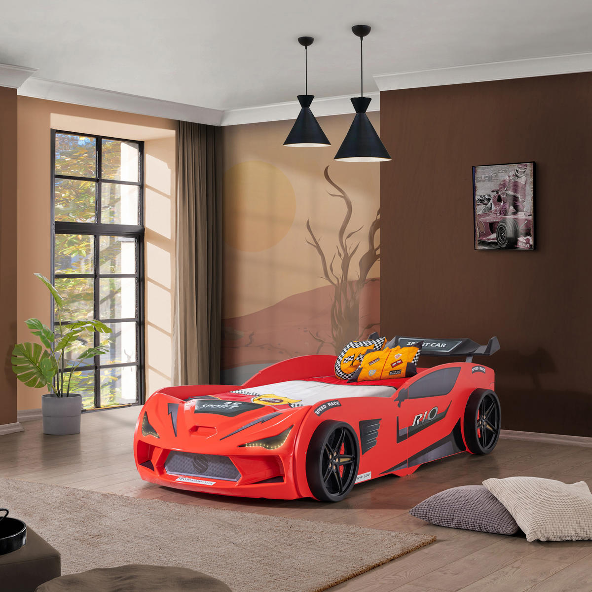 AUTOBETT 90x200 Rio Kinderbett mit LED Leuchte und Lattenrost - Rot, Holzwerkstoff (90/200cm) - Aileenstore
