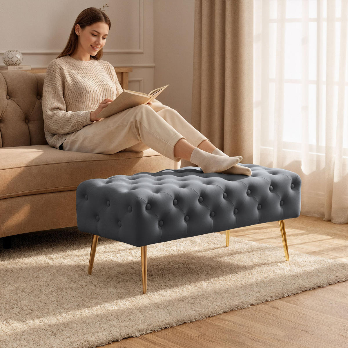 SITZHOCKER MONACO, Grau, T100xB41xH42 - Grau, Holz (41/42/100cm) - Milordbikes