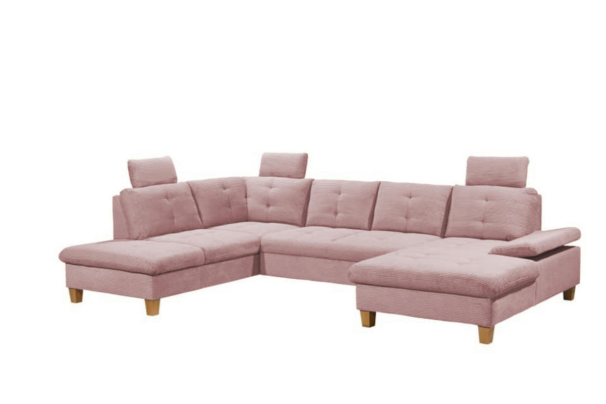 WOHNLANDSCHAFT mit Schlaffunktion und Bettkasten, Cord - Birkefarben/Rosa, Textil (324/107/225cm) - ed exciting design