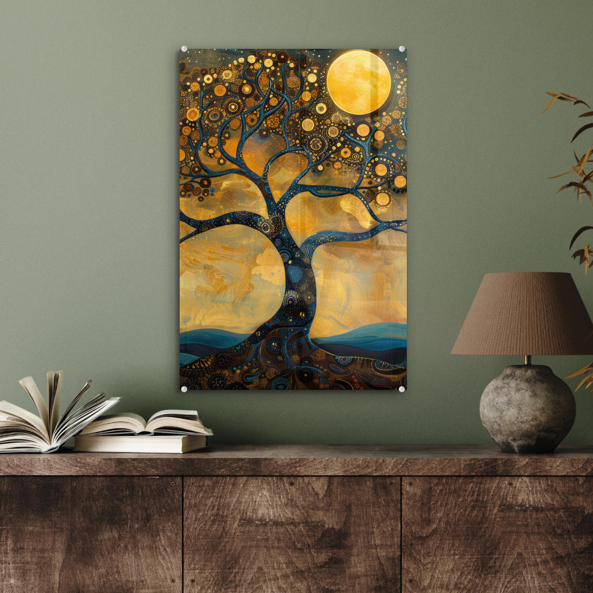 ACRYLGLASBILD Baum - Mond - Blumen - Gold - Kunst 40x60 cm - Orange, Glas (40/60cm) - MuchoWow