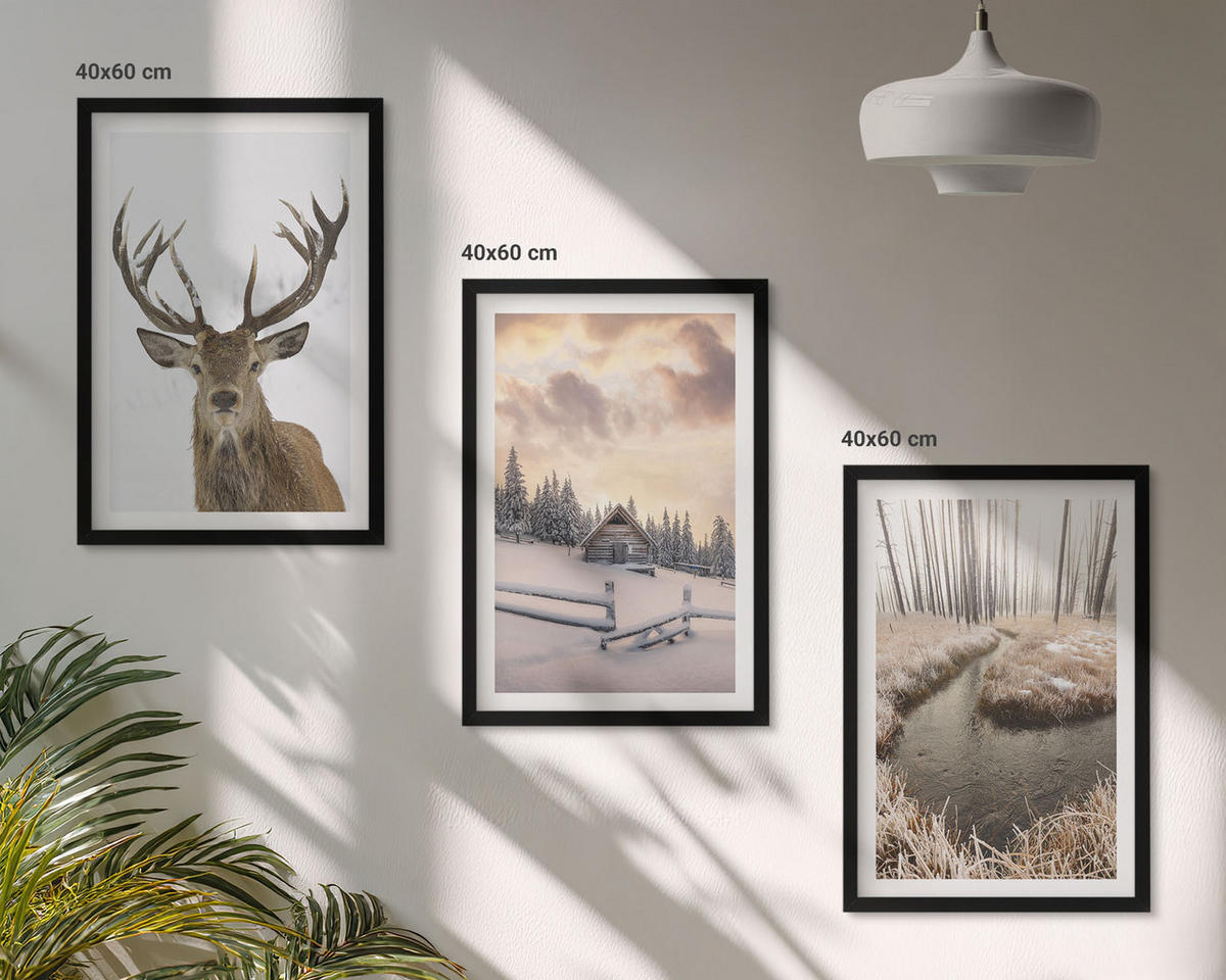 BILDER SET 3er Set - 40x60 cm Schwarzer Rahmen - Hirschhütte in Winterlandschaft - Schwarz, Kunststoff (40/60cm) - TULUP