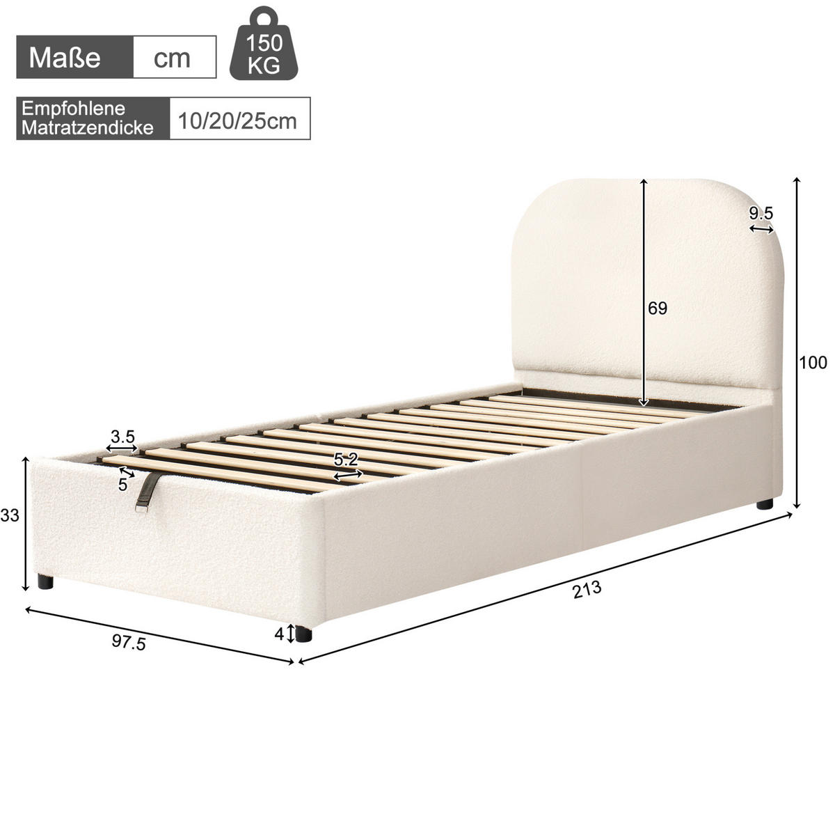 KINDERBETT 90/200 cm aus Bouclé mit hydraulischem Stauraum Beige - Beige, Holzwerkstoff (90/200cm) - Modenvie