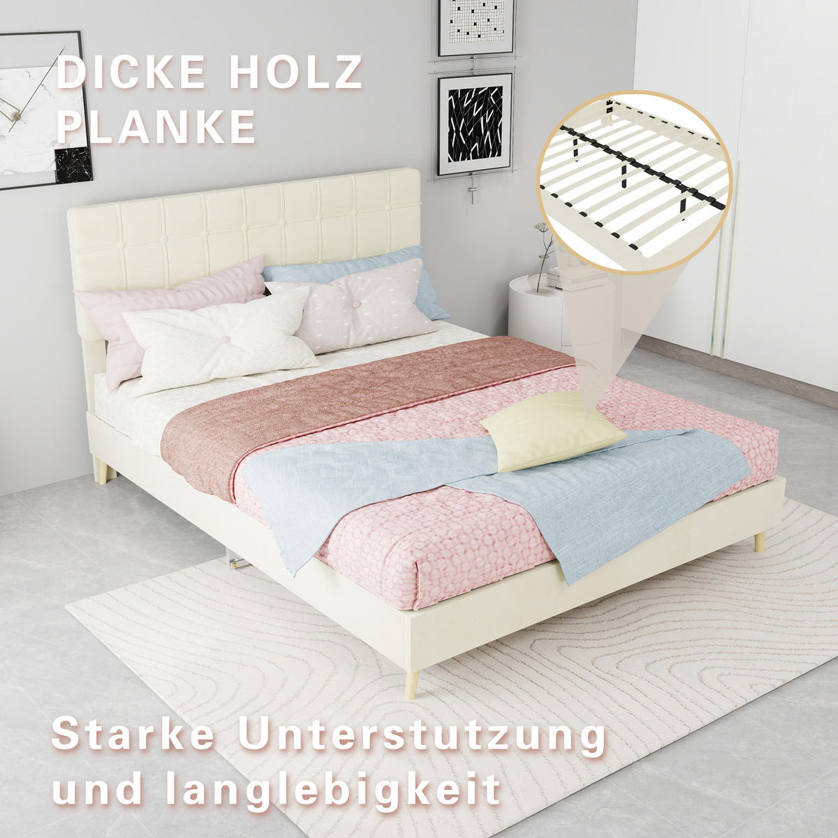 POLSTERBETT 140/200 cm DE-32943 mit Karosteppung-Kopfteil Beige - Beige, Metall (140/200cm) - ComfortXL