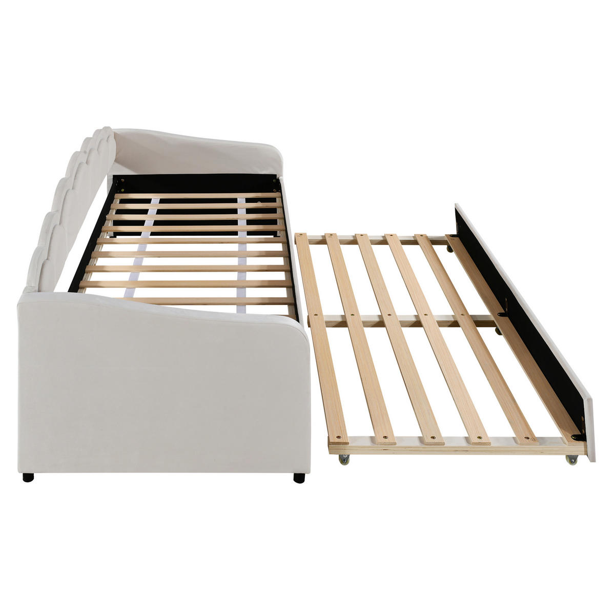 POMOŽNA postelja iz žameta in MDF 90x200 cm bež z izvlečnim ležiščem, LED osvetlitvijo in minimalističnim dizajnom - bež, tekstil (90/200cm) - Modfu