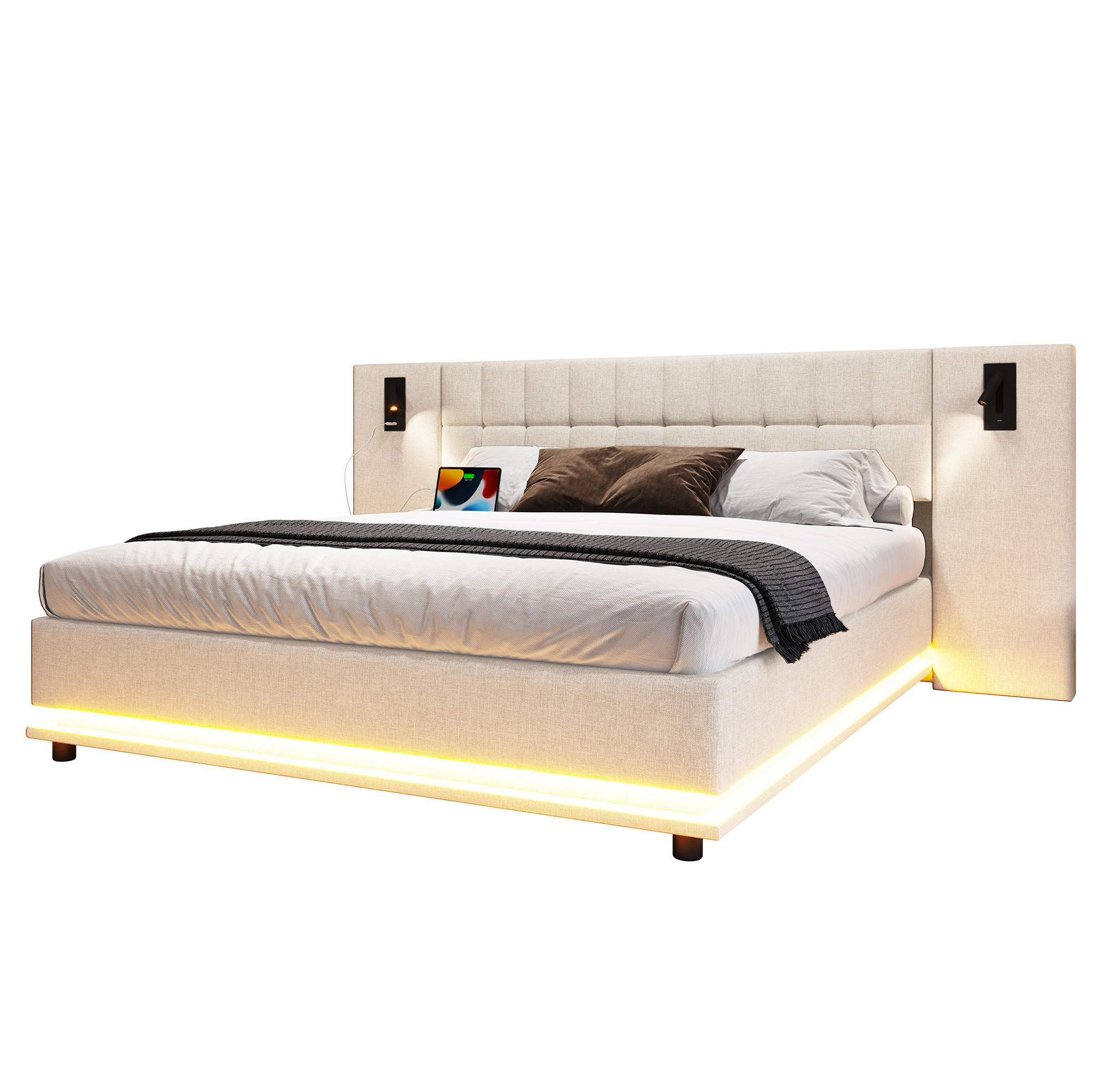 POLSTERBETT 180/200 cm Beige aus Leinen mit LED-Leiste, Spot und USB - Beige, Textil (180/200cm) - Flora Grace