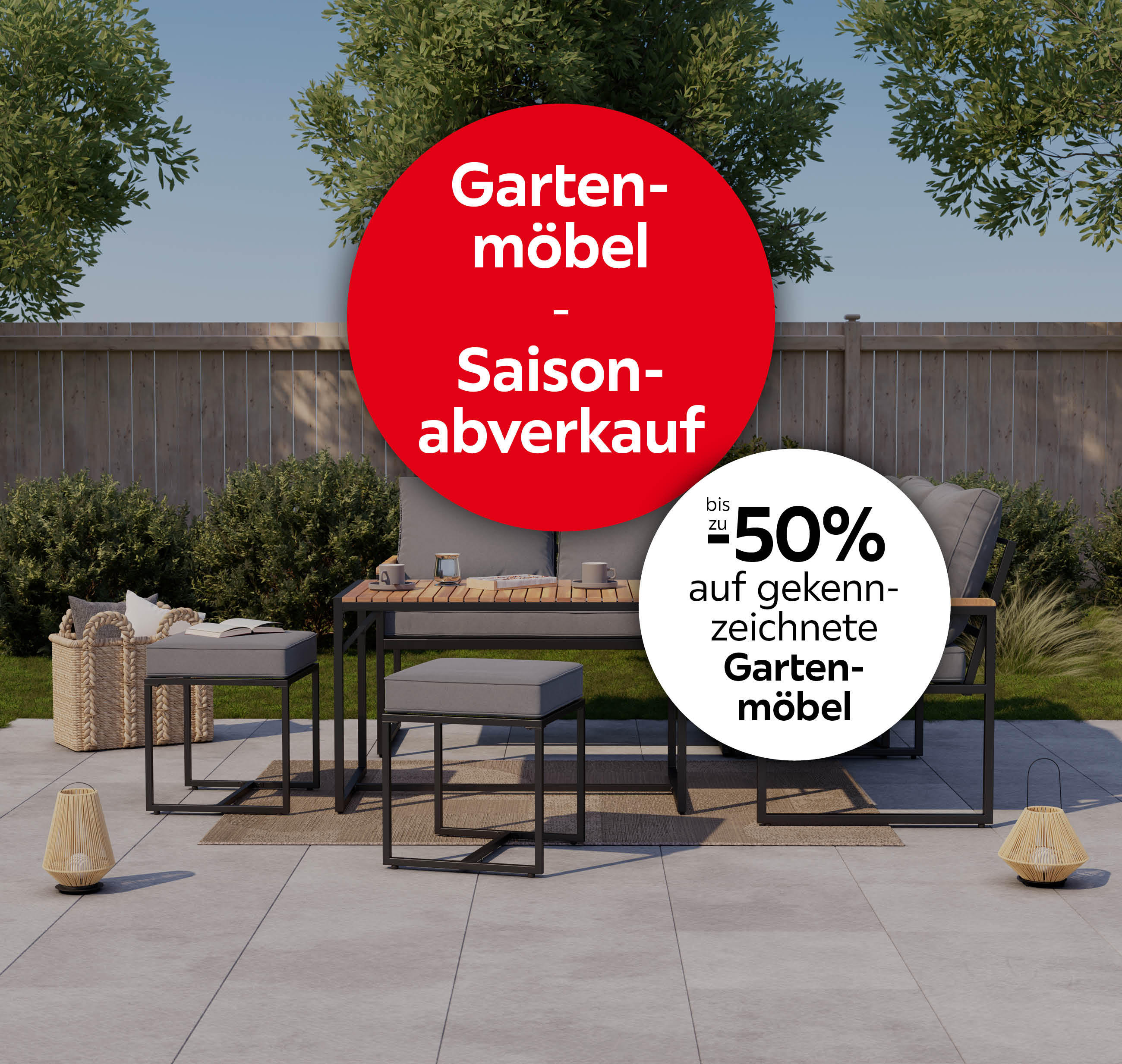 Gartenmöbel Saisonaberkauf; bis zu -50% auf gekennzeichnete Gartenmöbel!