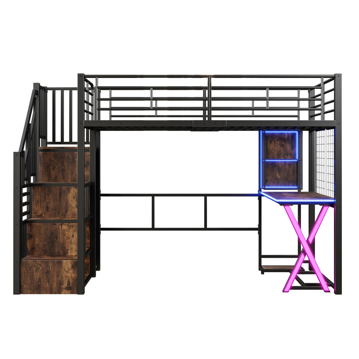 HOCHBETT 90/200 cm in Schwarz mit LED, Ablageleiter, Schreibtisch, Kleiderschrank und Regal - Schwarz, Holzwerkstoff/Metall (90/200cm) - STILVORA