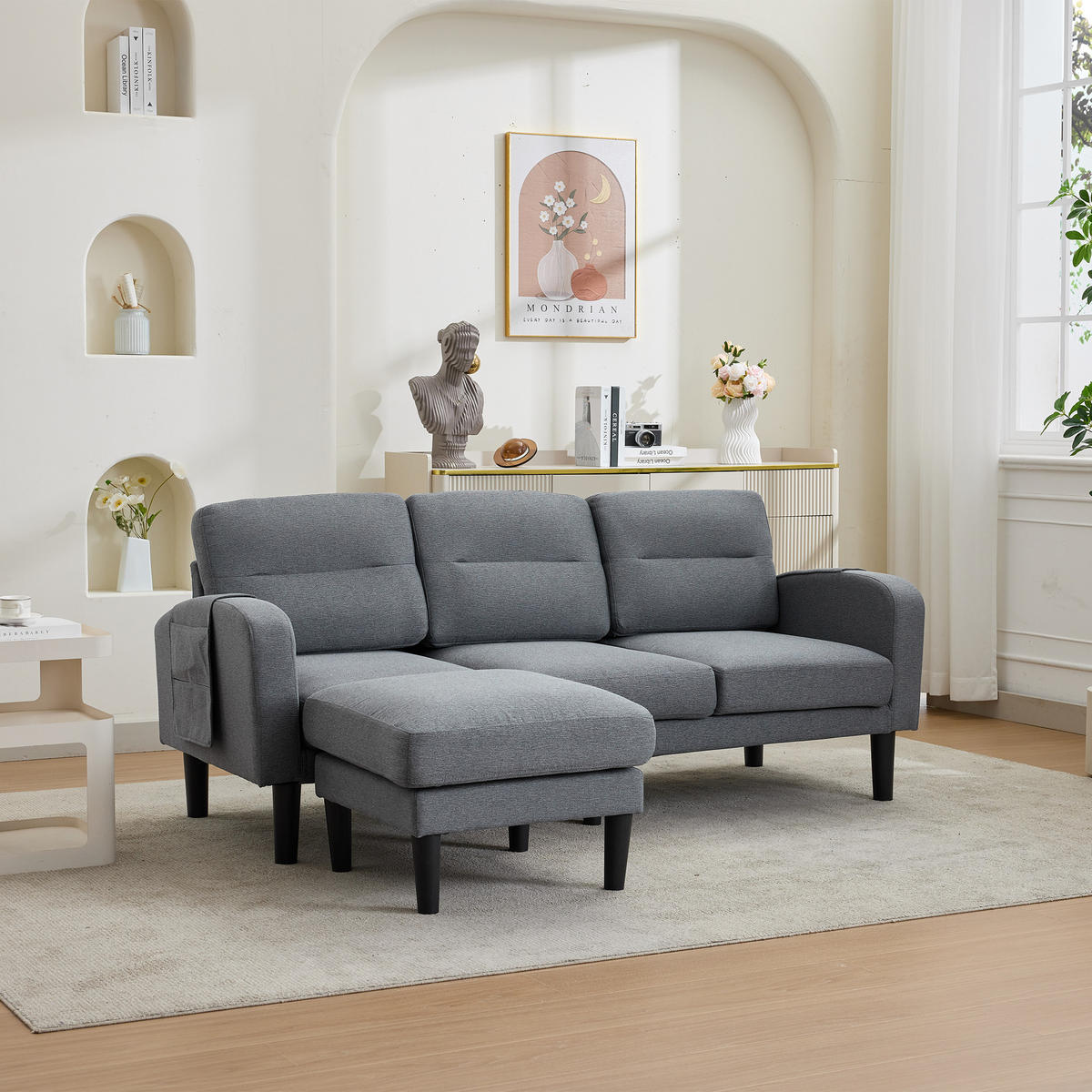 ECKSOFA L Form 3-Sitzer Chaiselongue Stauraum Tasche Grau 204cm - Grau, Textil (204/136cm) - FLIEKS
