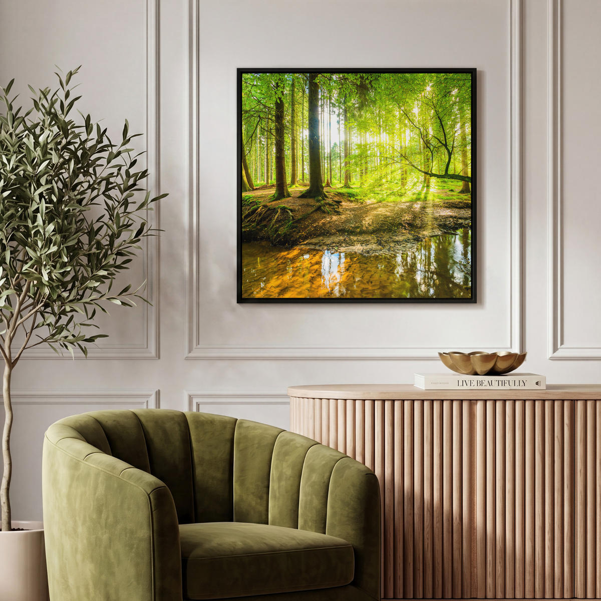 LEINWAND Bilder mit Rahmen - Wald - Landschaft - Wasser - Bäume - Sonne - Grün - Natur - 50x50 - Grün, Textil (50/50cm) - MuchoWow