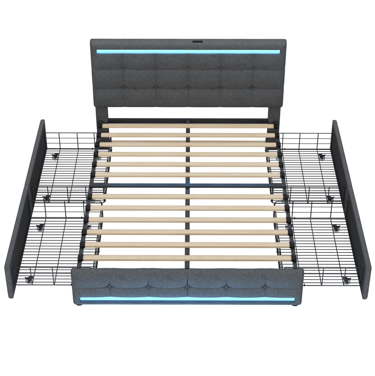 POLSTERBETT 140/200 cm grau mit LED-Beleuchtung und 4 Schubladen - Grau, Textil (140/200cm) - OKWISH