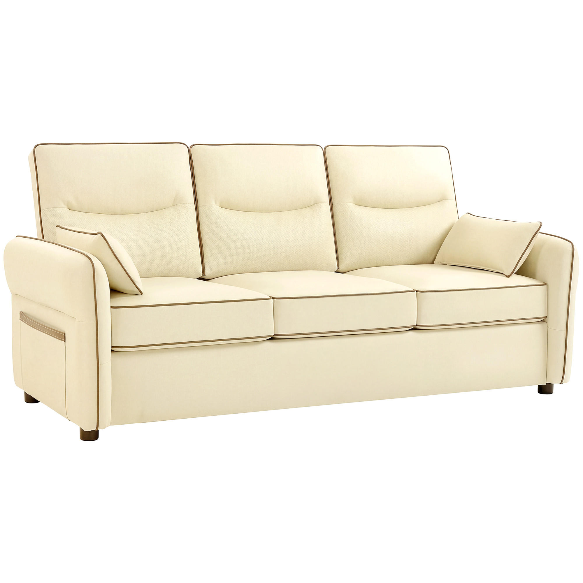 SOFA, 3-Sitzer, Kunstleder, dicke Polsterung, Seitentasche, beige, 190x83x90cm - Multicolor, Holzwerkstoff (190/90/83cm) - FORIOUS