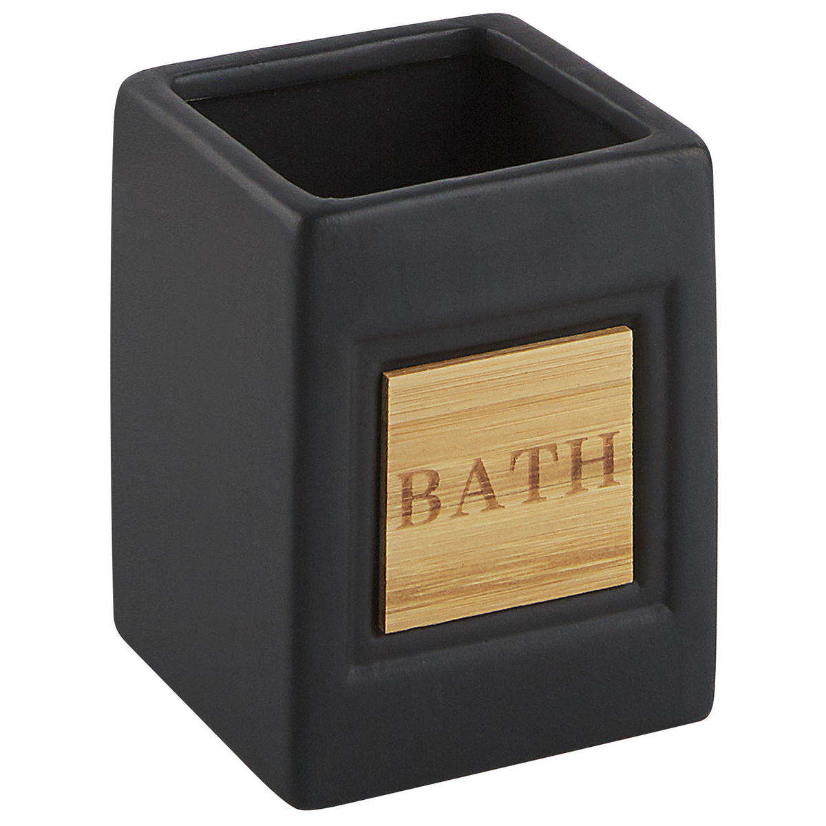 BADEZIMMER Set 4-teilig Keramik schwarz/heller Holzfarbton Kourou - Hellbraun/Schwarz, Stein (9/16/6cm) - Beliani