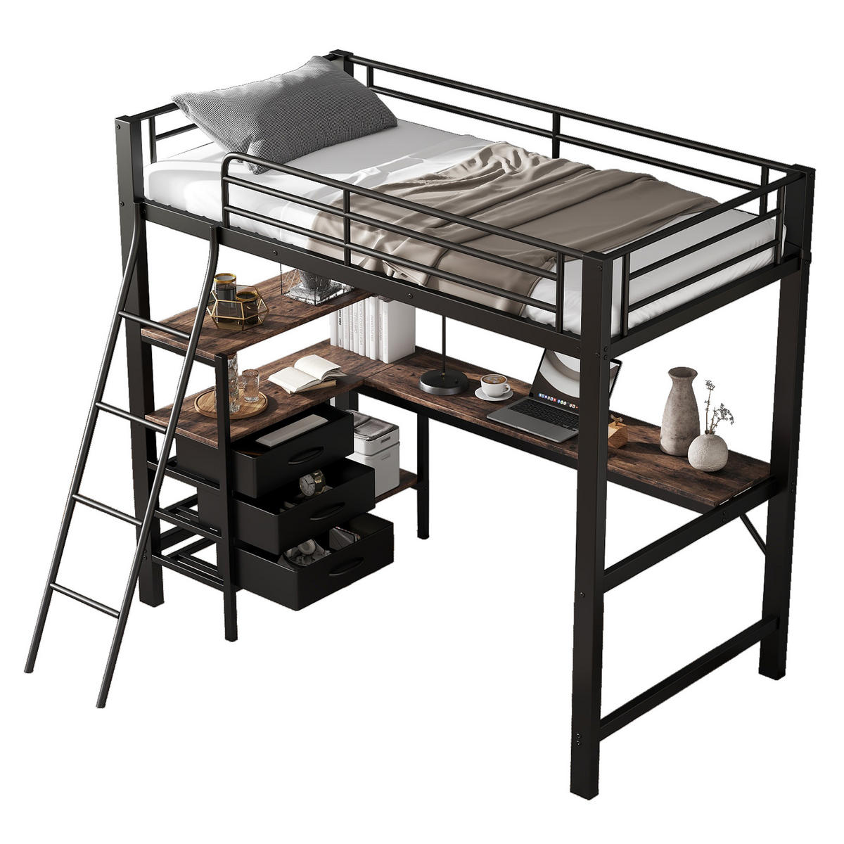 ETAGENBETT 90/200 cm schwarz aus Metall mit Tisch und 3 Schubladen - Schwarz, Metall (90/200cm) - OKWISH