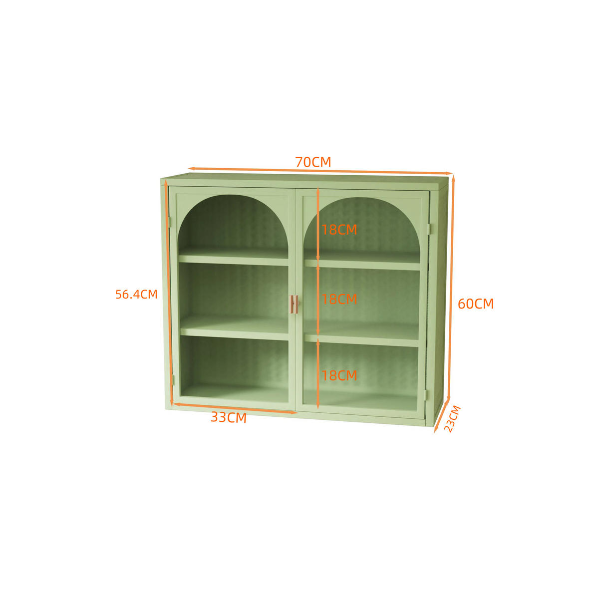 KÜCHENOBERSCHRANK 70 cm mit 2 Glastüren, 3 Ablagen und abnehmbarem Einlegeboden aus Glas und Metall, Grün - Grün, Glas (70/60/23cm) - Redom