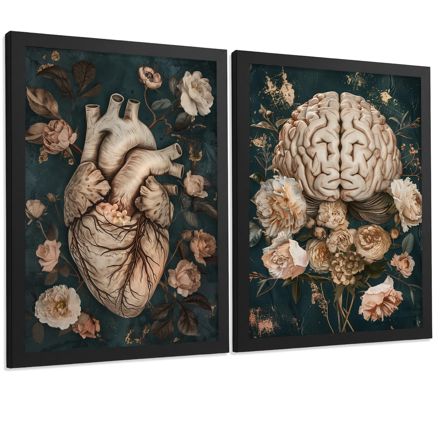 POSTER Set aus 2 Anatomie Mensch Drucke und Wandbilder mit Herz und Gehirn Elegante Florale Illustration Grüner Hintergrund Größe Schwarzer Rahmen A4 - Schwarz, Papier (21/29.7/3cm) - Nacnic