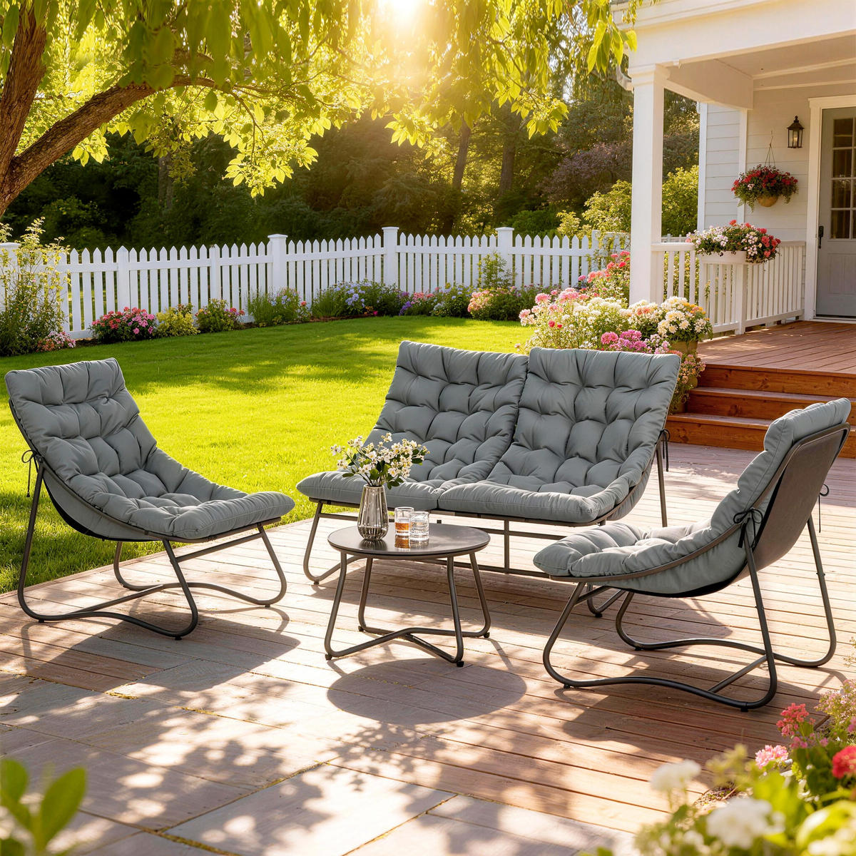 GARTENSET DE-13508 4-teilig mit 8 cm dicken Kissen Grau - Grau, Metall - ComfortXL