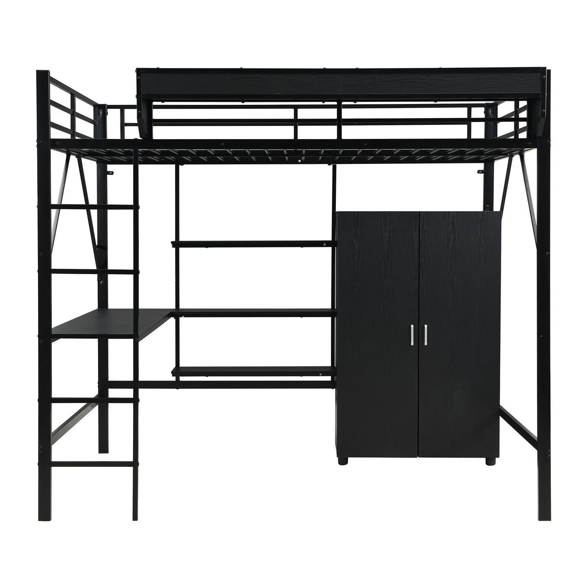 HOCHBETT aus MDF & Metall 140x200 cm in Schwarz mit Schreibtisch & Kleiderschrank - Schwarz, Holzwerkstoff (140/200cm) - Modfu
