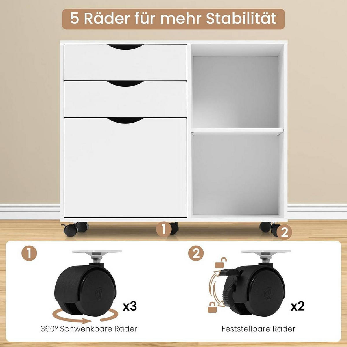 ROLLCONTAINER mit 3 Schubladen,5 Rollen, Weiß - Schwarz/Weiß, Holzwerkstoff (80/69.5/39.5cm) - Woltu