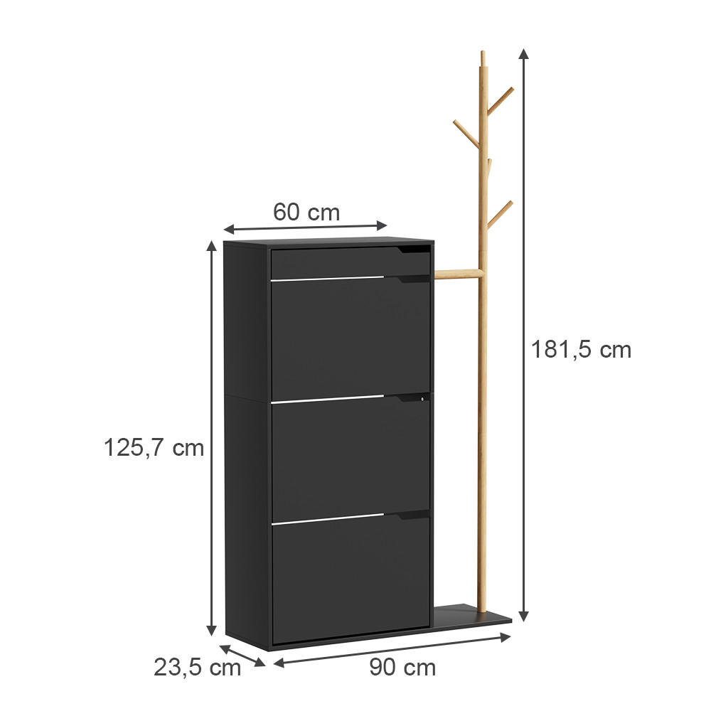 SCHUHSCHRANK Ivo Schwarz 90 x 181.5 cm mit 3 Fächern, 1 Schublade - Schwarz, Holzwerkstoff (90/181.5/30cm) - Vicco