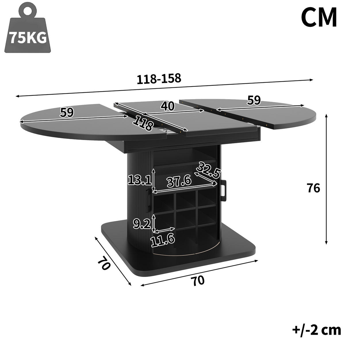 ESSTISCH Ausziehbar Stauraum MDF Schwarz - Schwarz, Metall (118/118/76cm) - FLIEKS