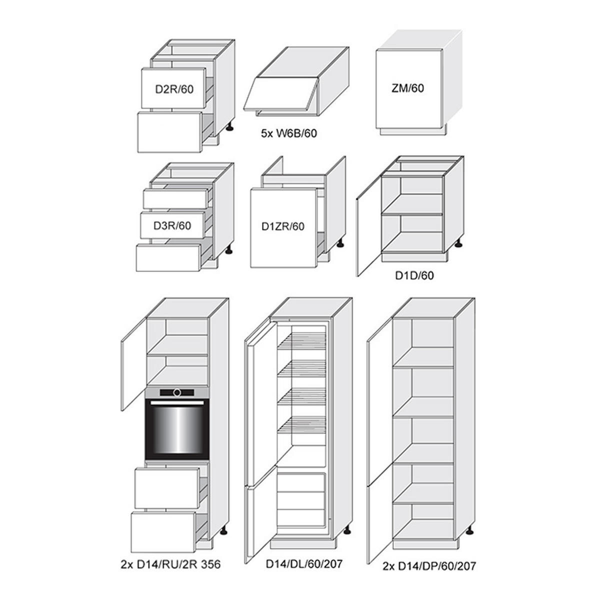 KÜCHENLEERBLOCK Kvantum weiß matt / mint matt, Arbeitsplatte und Abschlussrahmen Grey Craft Oak 15-teilig - Weiß, Holzwerkstoff/Metall (304/243/60cm) - Feldmann-Wohnen