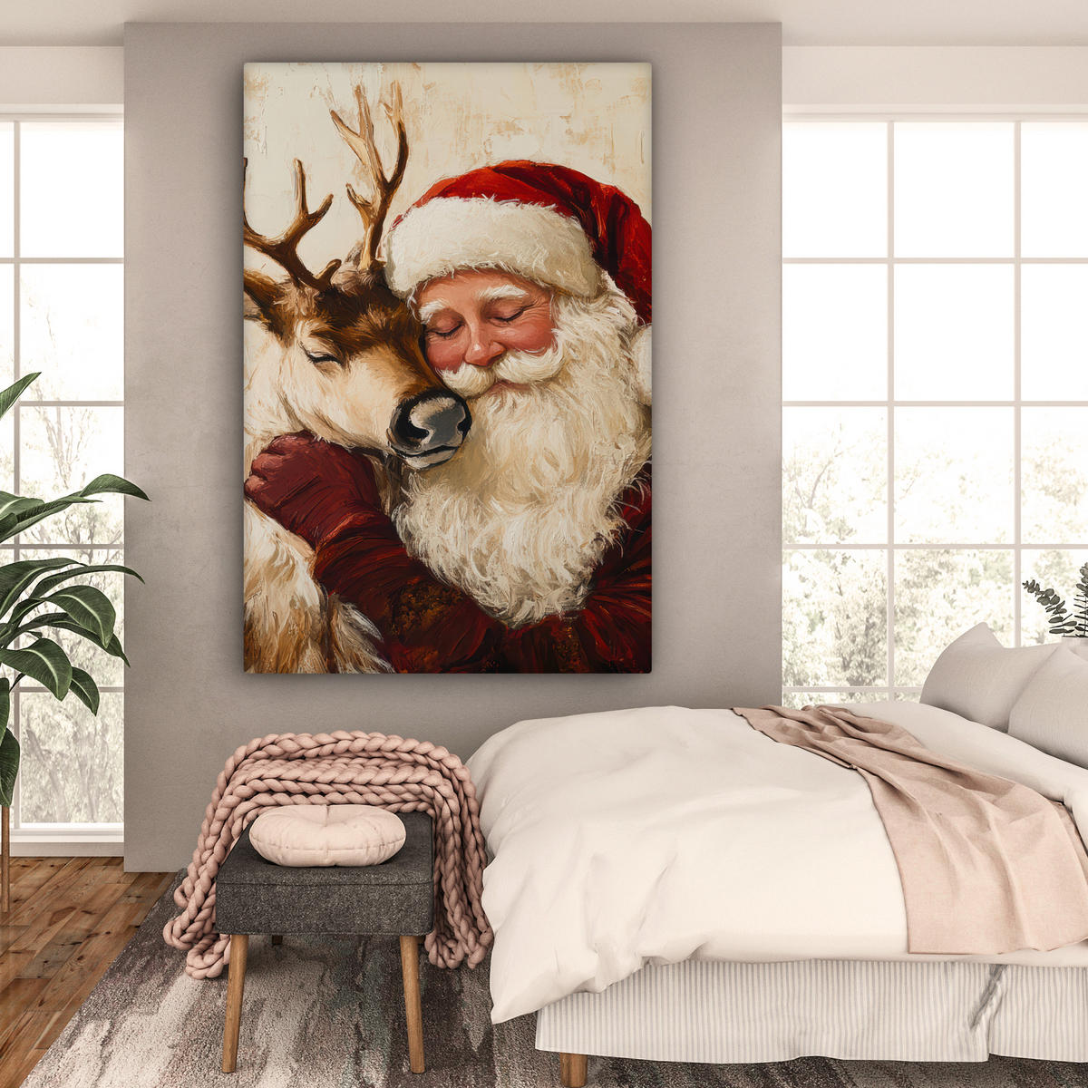 LEINWANDBILD Weihnachtsmann - Rentier - Weihnachten Deko Groß 90x140 cm - Rotbraun, Textil (90/140cm) - MuchoWow